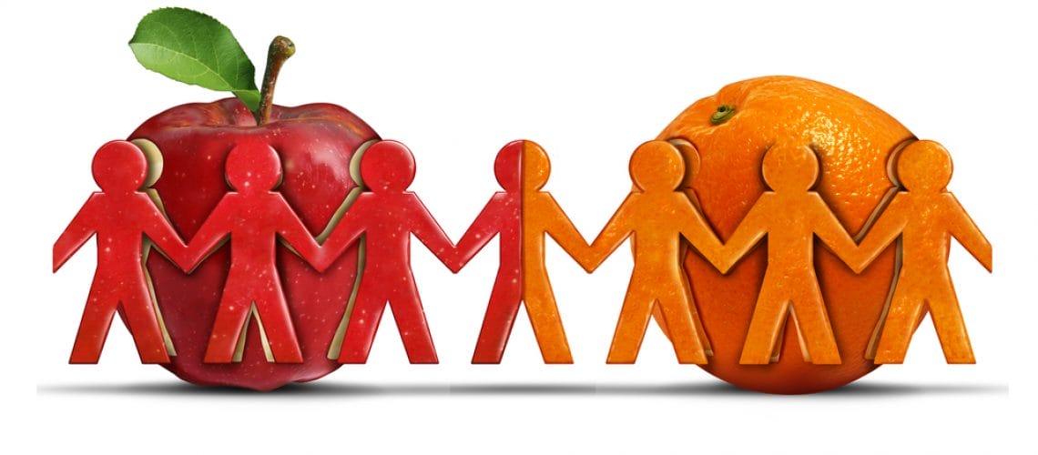 Apples and oranges as a tolerance and friendship symbol for two different groups shaped as people icons coming together as a diverse team in a 3D illustration style.